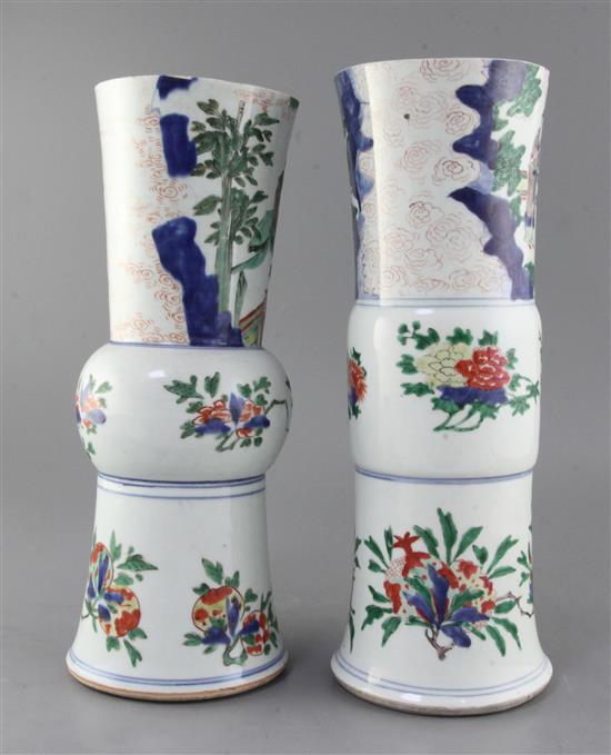 Two Chinese wucai beaker vases, Transitional period, 17th century, 35.5cm and 37cm, both necks reduced in height